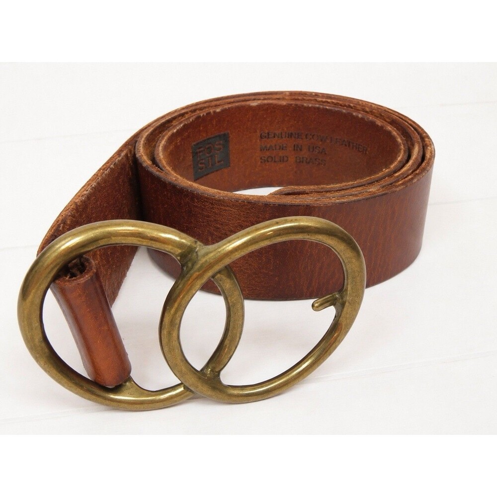 Fossil Wide Leather Belt Solid Brass Buckle USA Vintage Brown Boho Western